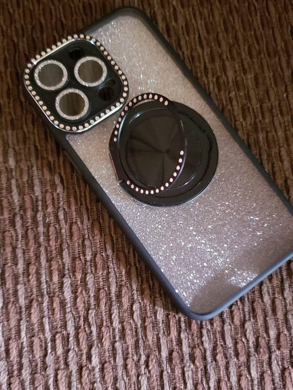 Glitter Silver Phone Case with Black Ring Grip and Rhinestone Camera Protector